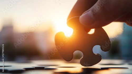 Close up of a hand holding a puzzle piece with sunlight in the background for a metaphor of solutions and completeness : Generative AI