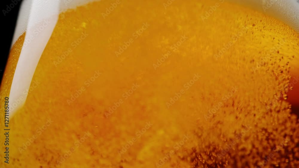 Macro of beer bubbles rising and popping in a glass, showcasing a golden, frothy beverage texture Macro of beer bubbles rising and popping in a glass, showcasing a golden, frothy beverage texture