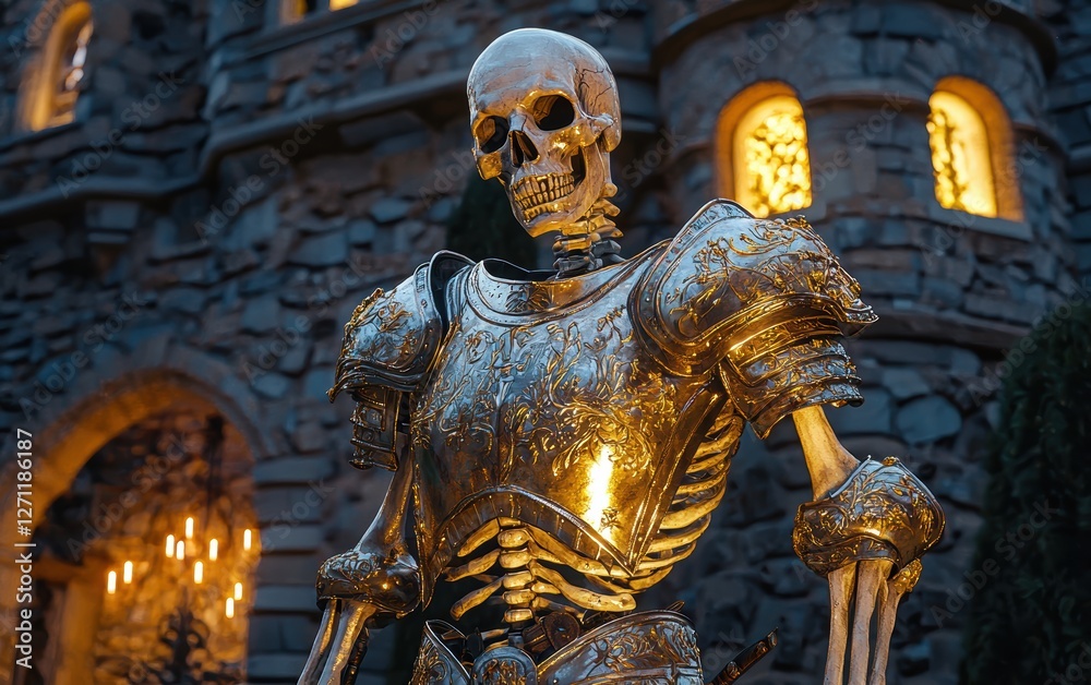 A skeleton knight in shining armor standing in front of a medieval castle A skeleton knight in shining armor standing in front of a medieval castle
