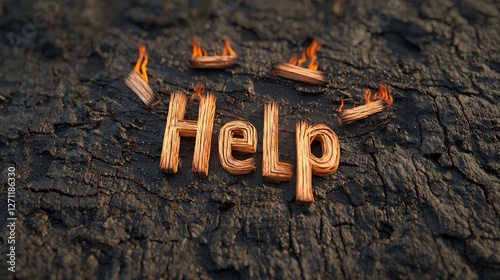 Pile of Burned Matches Forming Help Message in Charred Background