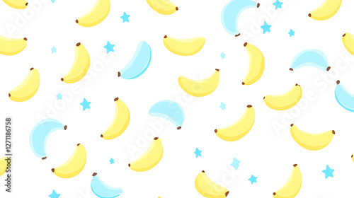 Cheerful Pattern with Yellow and Blue Bananas and Small Stars on a Light Background Fun Design