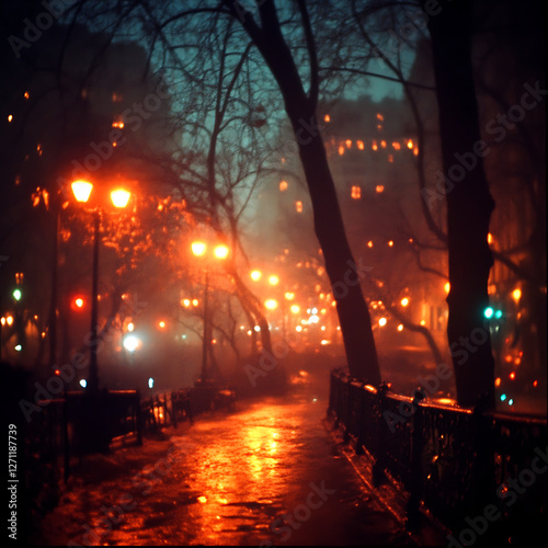 City Park at Night with Streetlights Reflecting on Wet Pavement Creating an Atmospheric Mood