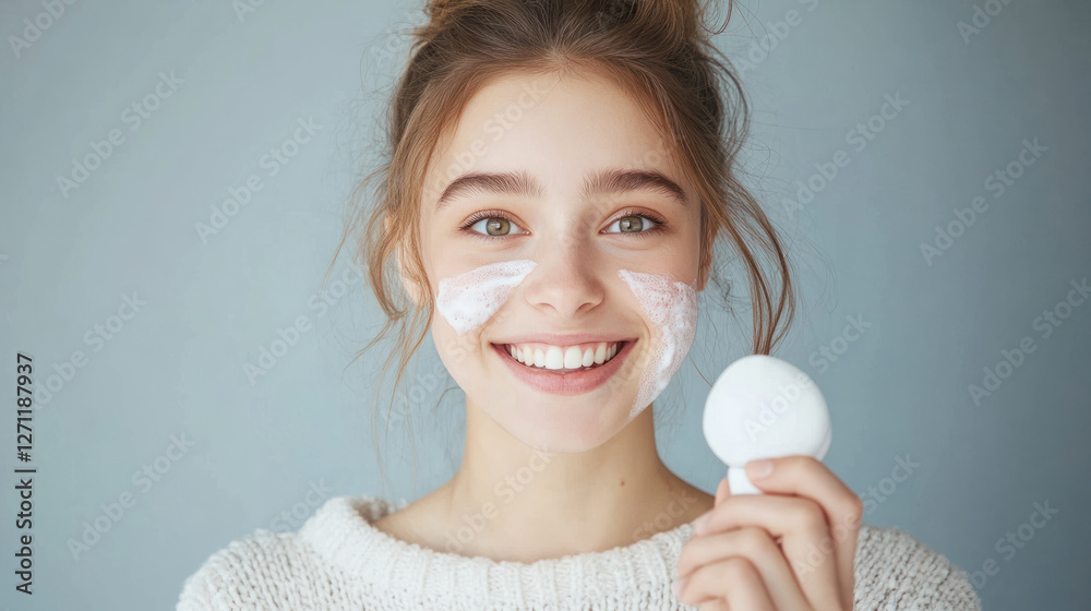 Smiling young woman holding a skincare cream container Smiling young woman holding a skincare cream container
