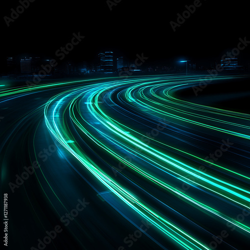 Cityscape at Night with Green and Blue Light Trails Along Winding Road for Futuristic Theme