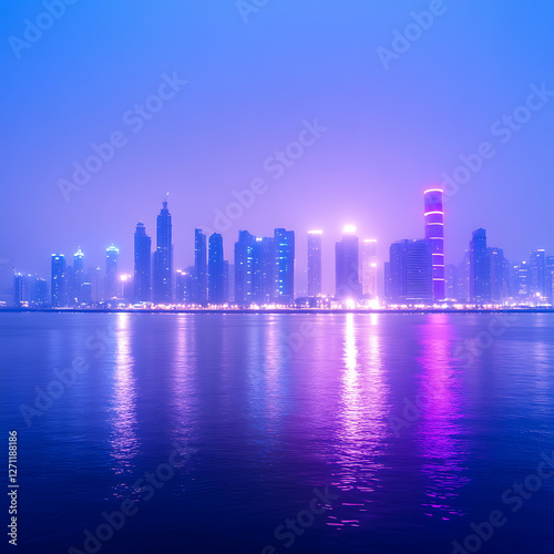 Cityscape Lights Reflected on Water at Night with Tower Featuring Pink Neon Stripes Illumination