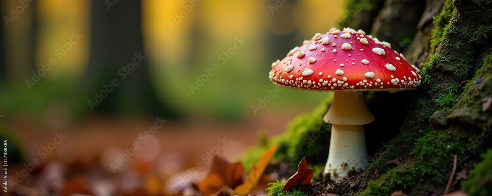Red Amanita mushroom with white spots on a tree trunk, autumn, mushroom, Red Amanita mushroom with white spots on a tree trunk, autumn, mushroom,