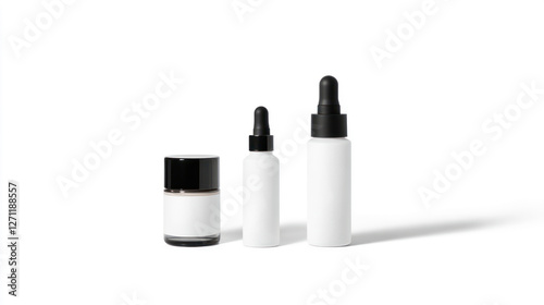 Minimalist skincare bottles with dropper caps on white background
