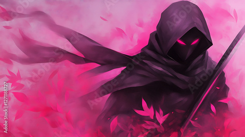 Cloaked Figure with Glowing Eyes Amidst Pink Leaves a Mystery Warrior in Artistic Digital Painting