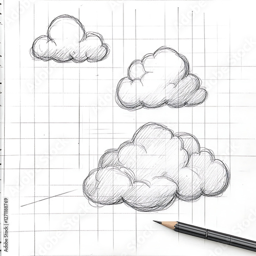 Cloud Sketch Study on Graph Paper Artistic Concept Depicting Imagination and Cloudy Weather Element