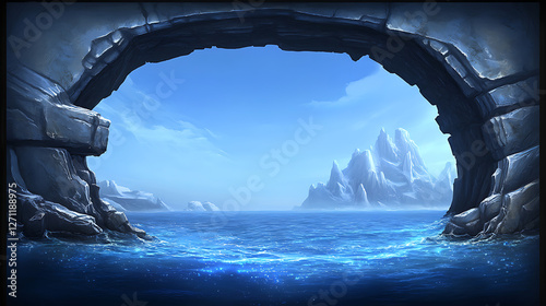 Coastal Cave Opening View to Distant Ice Mountains Scenic Landscape Fantasy Art