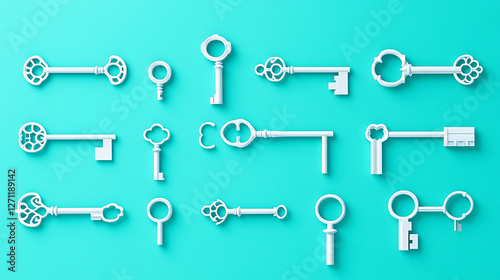 Collection of Antique Keys in White on a Turquoise Background Displaying Various Intricate Designs