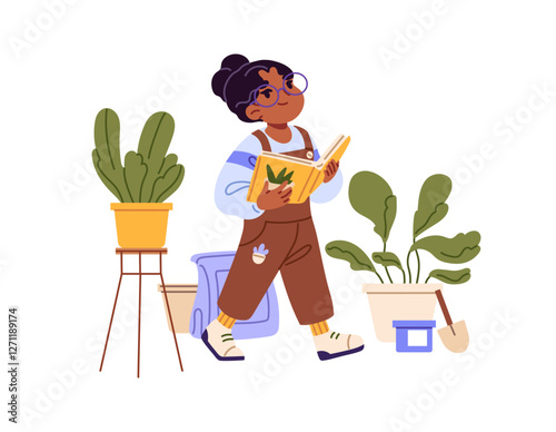 Cute kid holds paper book, reads novels, stories on the go. Little reader learning literature about plants. Child girl with glasses studies with textbook. Flat isolated vector illustration on white