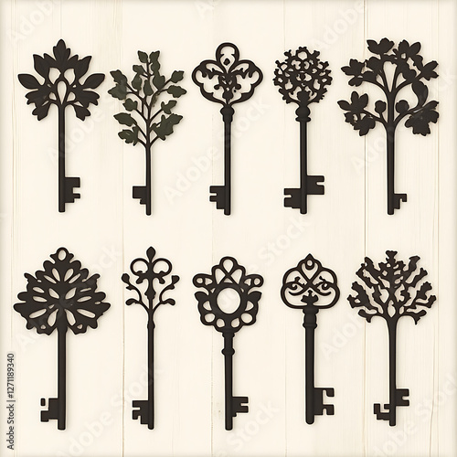 Collection of Decorative Keys with Tree and Floral Designs for Artistic Projects and Embellishments