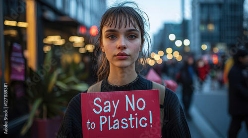 Passionate activist holds sign urging action against plastic during climate protest in city street photo
