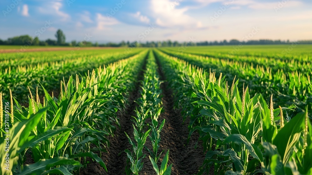 Vibrant green cornfield extending under a beautiful sky showcasing agricultural abundance : Generative AI Vibrant green cornfield extending under a beautiful sky showcasing agricultural abundance : Generative AI