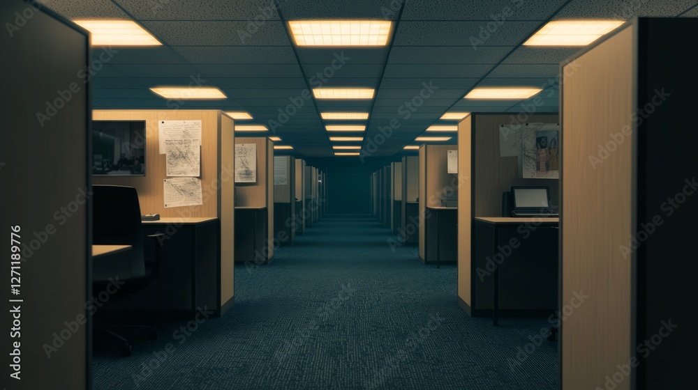 Empty Cubicles in a Dimly Lit Office Space with Flickering Lights
