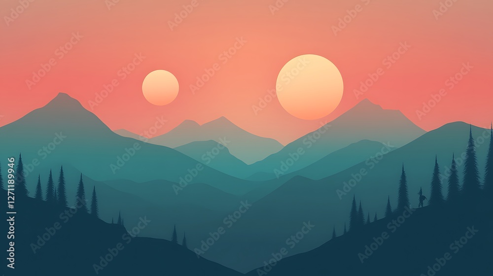 Fototapeta premium Serene Mountain Landscape With Double Sunset