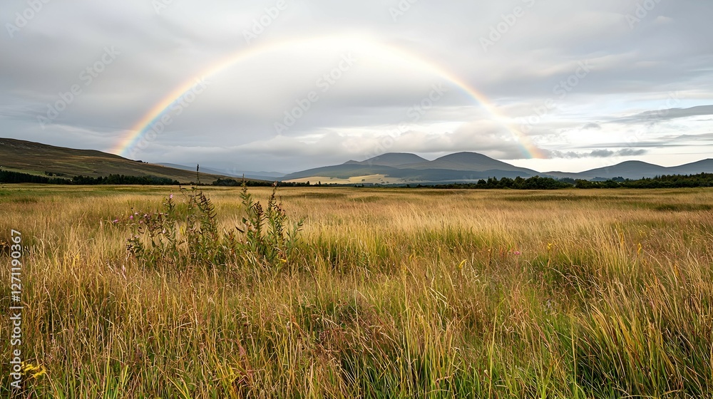 Vibrant Rainbow Arcing Over Golden Field and Distant Mountains Vibrant Rainbow Arcing Over Golden Field and Distant Mountains