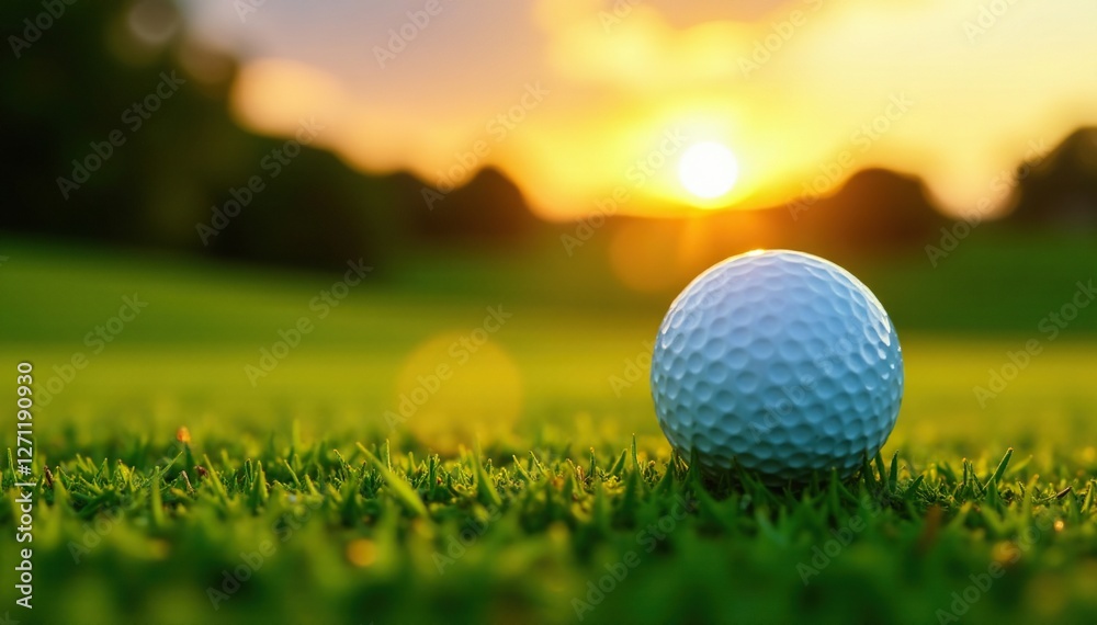 Golf ball on emerald grass with warm sunset glow, nature, golfing, serene Golf ball on emerald grass with warm sunset glow, nature, golfing, serene