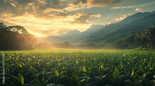 Serene Sunset over Lush Green Tobacco Field Mountain Landscape Peaceful Rural Scenery Golden Hour Sunlight Rays Nature Photography Tranquil           
