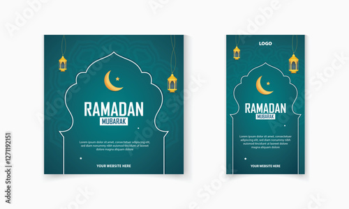 Ramadan Mubarak social media post template with Islamic mandala, moon, lamp vector post and story