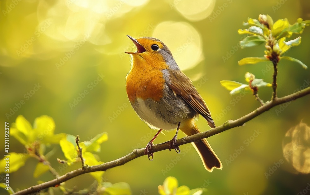 A vibrant European robin singing on a branch A vibrant European robin singing on a branch