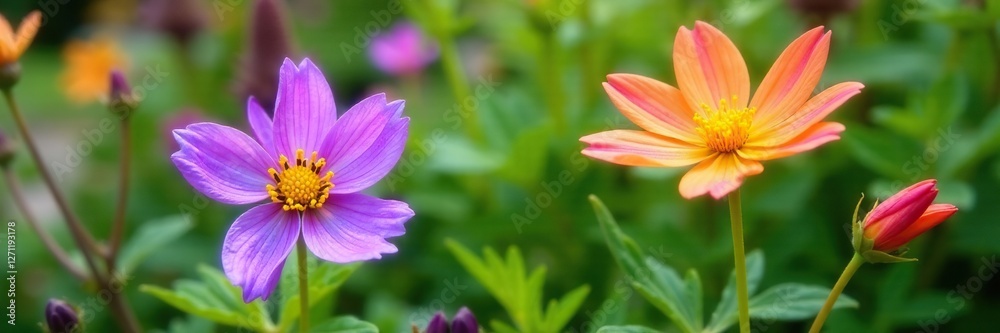 Aquilegia flowers in a garden bed with other plants, mixed plants, greenery Aquilegia flowers in a garden bed with other plants, mixed plants, greenery