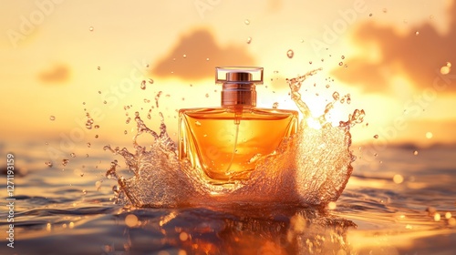 Sunset ocean perfume splash, beach summer fragrance ad