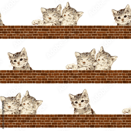 Hand drawn innocent and cute cat seamless pattern,