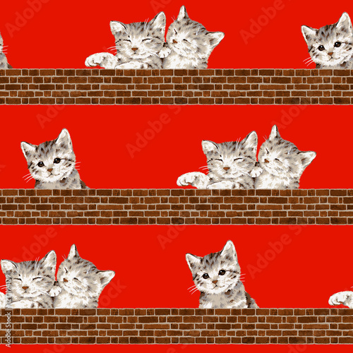 Hand drawn innocent and cute cat seamless pattern,