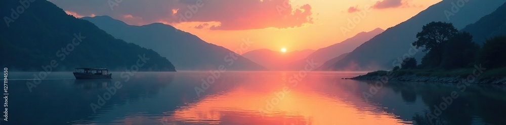 Faint light of dawn on Suigo river with a small boat, peaceful, dawn, light Faint light of dawn on Suigo river with a small boat, peaceful, dawn, light