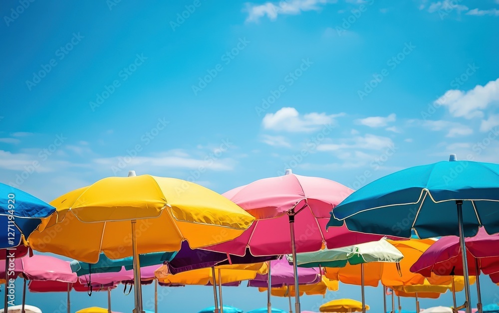 Colorful beach umbrellas on a bright sunny day Colorful beach umbrellas on a bright sunny day