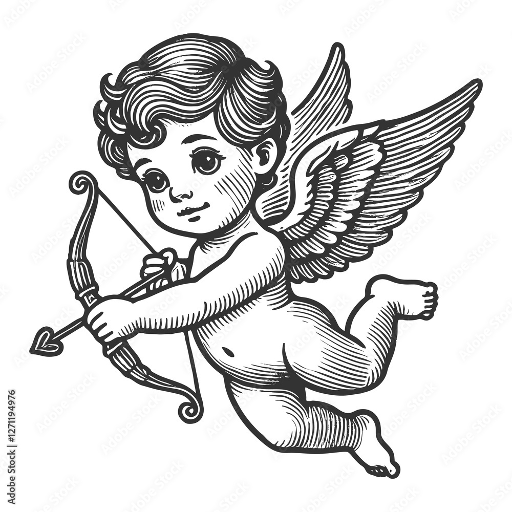 Fototapeta premium Cupid with Bow and Floral Ornament raster