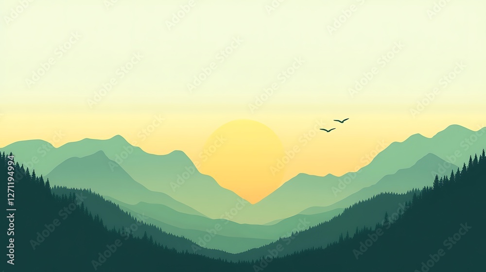 Fototapeta premium Serene Sunset Over Verdant Mountain Ranges And Forest
