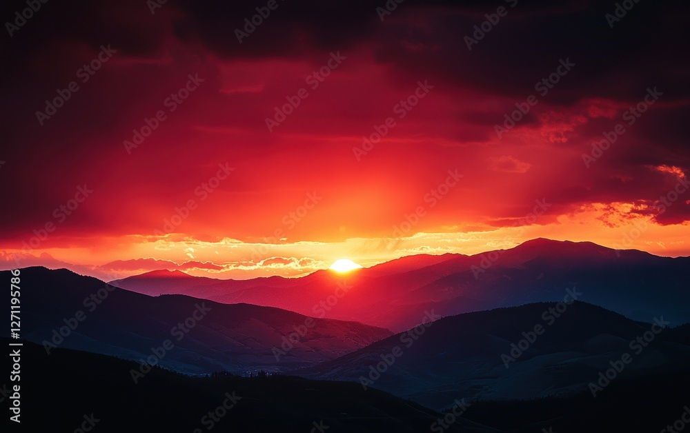 Fototapeta premium Fiery red and orange sunset over a mountain range