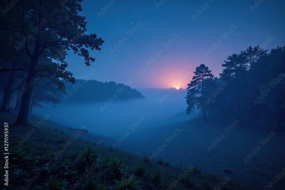 Nighttime forest landscape with fog and trees, night, landscape, Nighttime forest landscape with fog and trees, night, landscape,