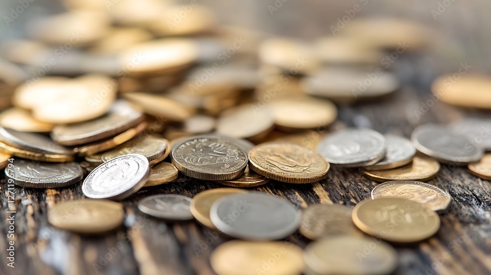 Various coins scattered on a wooden surface create a sense of abundance and financial freedom : Generative AI Various coins scattered on a wooden surface create a sense of abundance and financial freedom : Generative AI