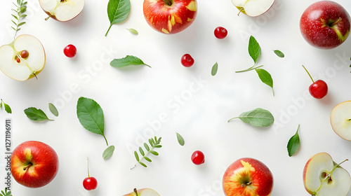 Fresh red apples and cherries arranged on a white background with green leaves scattered