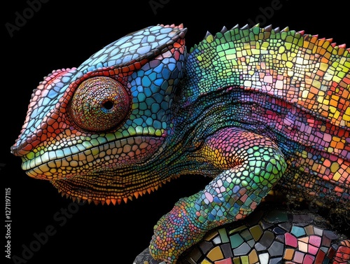 Exotic chameleon portrait with striking chromatic mosaic skin texture photo