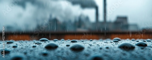 Acid rain climate change idea. Raindrops on a surface with an industrial backdrop showcasing pollution.