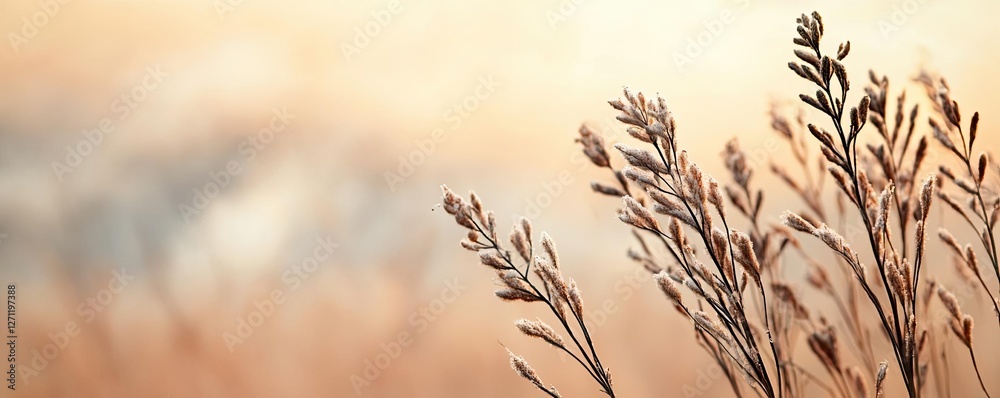 Obraz premium Acid rain climate change idea. Delicate grass swaying gently in a soft pastel sunset background.