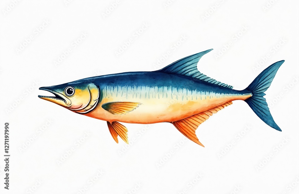 Fototapeta premium Minimalistic watercolor of Wahoo fish illustration on white backdrop. Cute comical artwork, vibrant blue fin, orange body scales with fresh detail. Modern marine wildlife design for sea beauty
