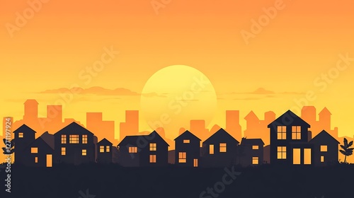 Suburban Houses Silhouetted Against a Sunset Sky
