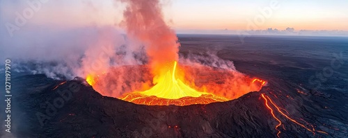 Volcanic landscapes idea. Aerial view of a volcano erupting with flowing lava and smoke against a sunset sky. photo