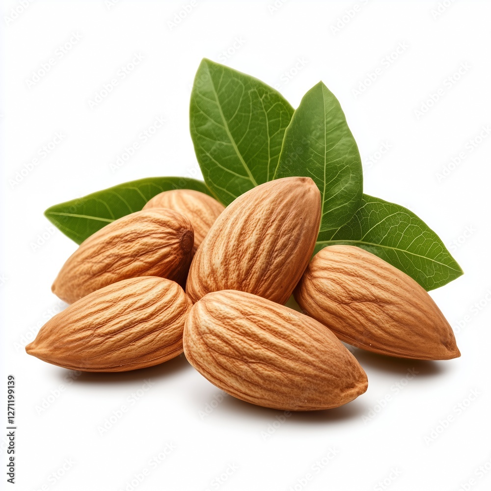 A close-up of fresh almonds brown textured surface green leaves pure white background soft shadows high-resolution ultra-realistic isolated product photography. A close-up of fresh almonds brown textured surface green leaves pure white background soft shadows high-resolution ultra-realistic isolated product photography.