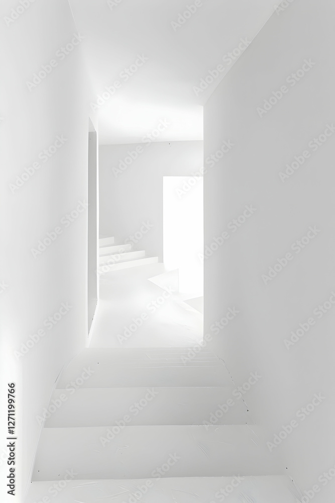 Obraz premium Bright, minimalist hallway with white walls and stairs leading to a glowing exit, evoking tranquility
