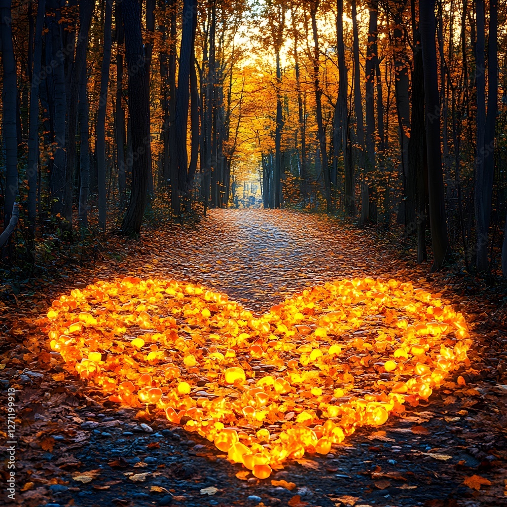 A beautifully crafted heart shape made from bright amber stones, resting on colorful autumn leaves, symbolizing warmth, love, and seasonal beauty.