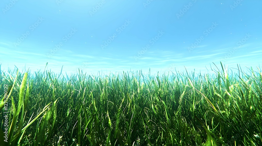 Fototapeta premium Vibrant Green Grass Field Under a Bright Blue Sky
