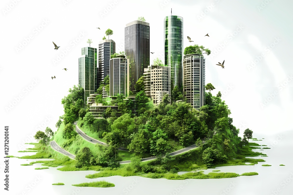 Fototapeta premium Sustainable Urban Development with Green Skyscrapers, Eco-Friendly Architecture, Smart City Concept, Renewable Energy, and Nature-Inspired Urban Planning for a Greener Future