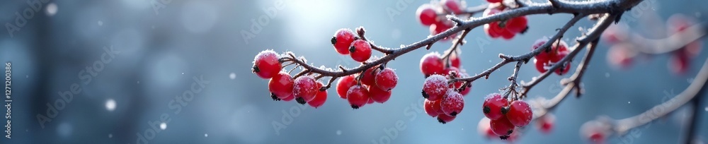 Branch of bare tree loaded with clusters of deep crimson winter berries glisten in frost, frosty landscape, frozen branch, icy forest Branch of bare tree loaded with clusters of deep crimson winter berries glisten in frost, frosty landscape, frozen branch, icy forest